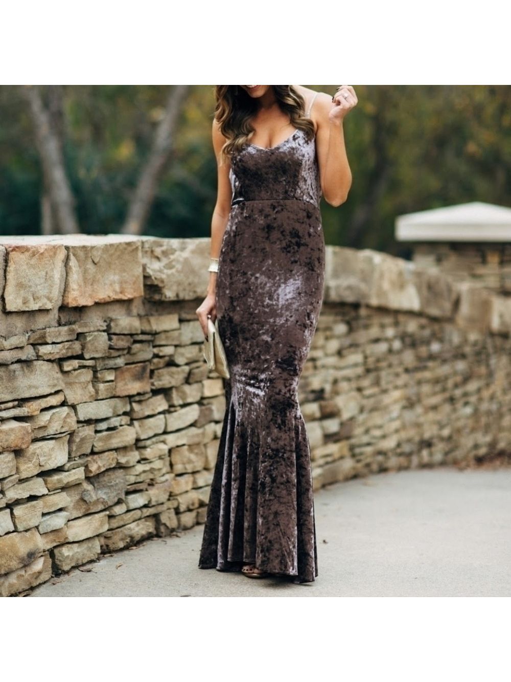 L • Olivaceous • Mermaid Backless Crushed Velvet Gown